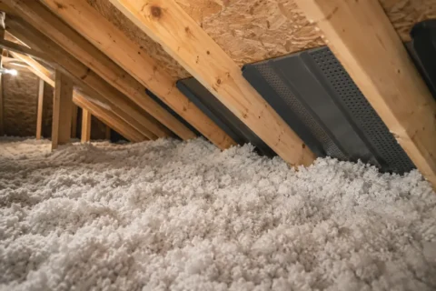 Dark ventilation baffles rising above loose-fill insulation between timber rafters at an attic eave.