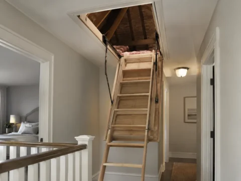 An open attic hatch and folding access ladder viewed from the landing below.