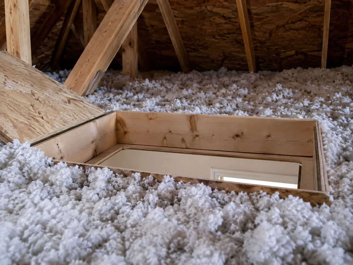 A raised timber dam around an attic hatch keeping loose-fill insulation back from the opening.