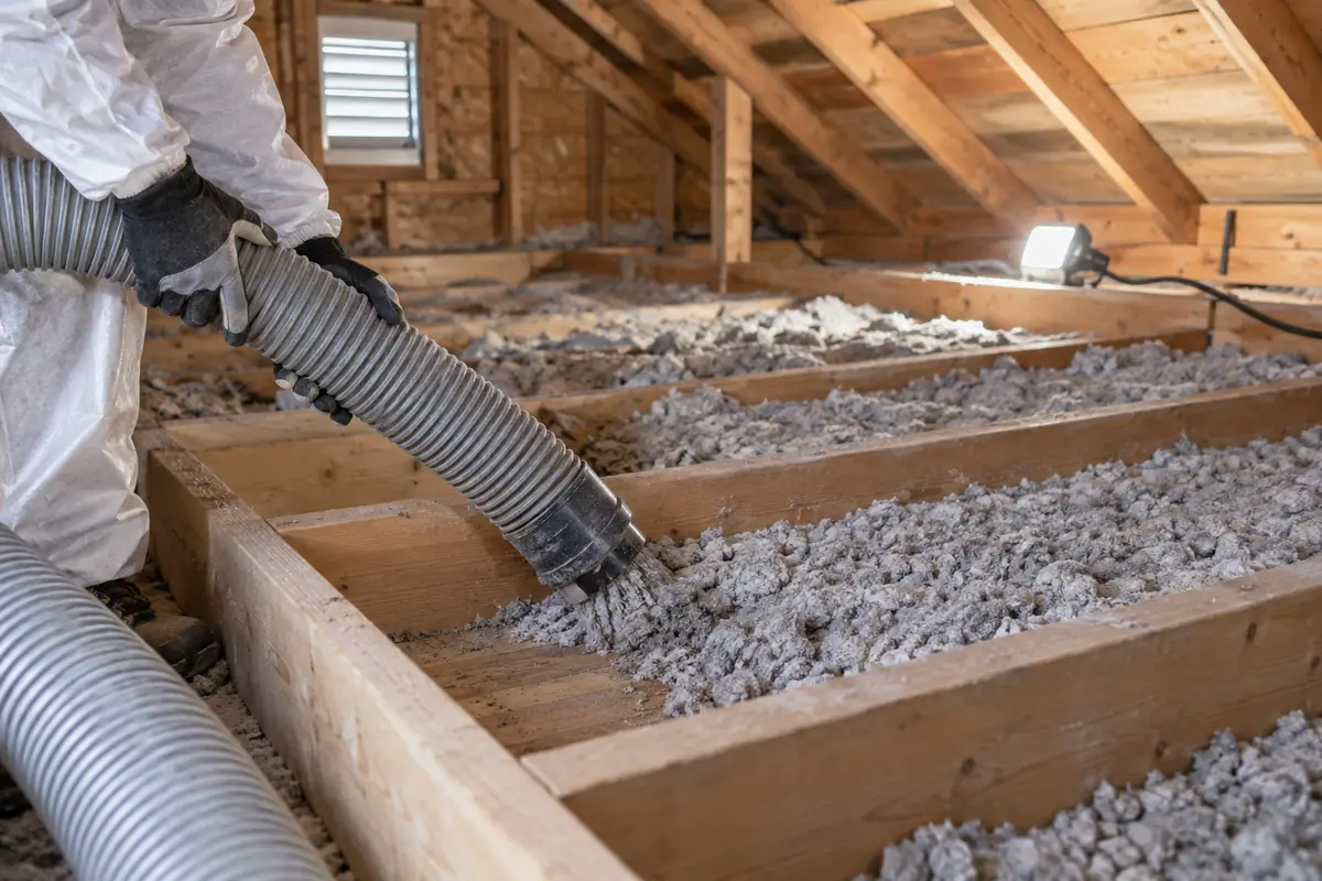 A removal vacuum hose lifting old loose-fill insulation from between exposed attic floor joists.