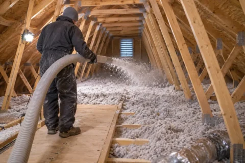 An installer using a blowing hose from a protected attic access platform.