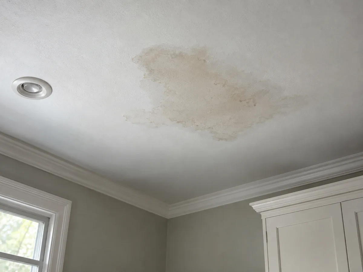 A pale water stain on an interior ceiling near a recessed light.