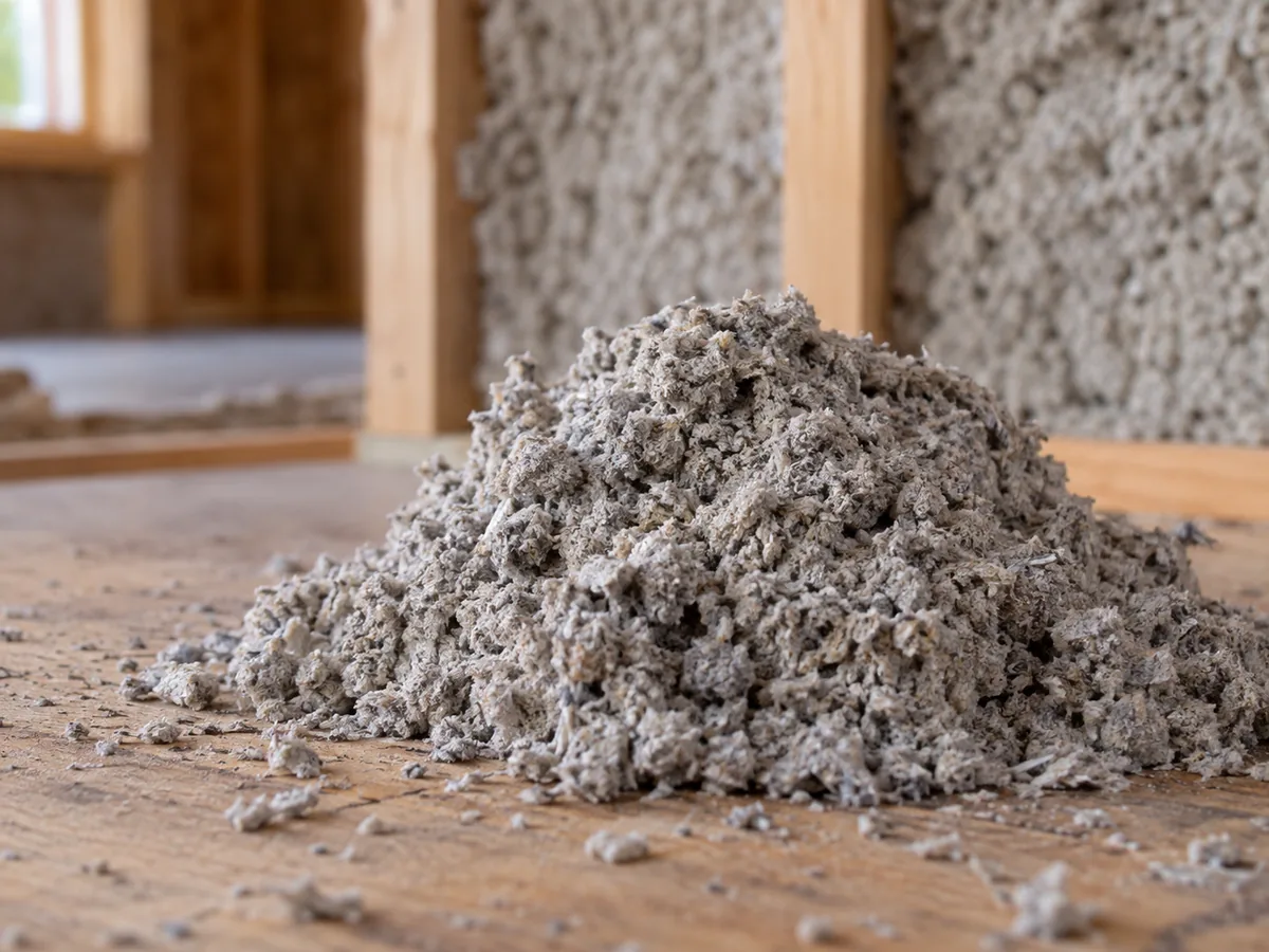 A close view of loose grey cellulose fibres beside timber framing.