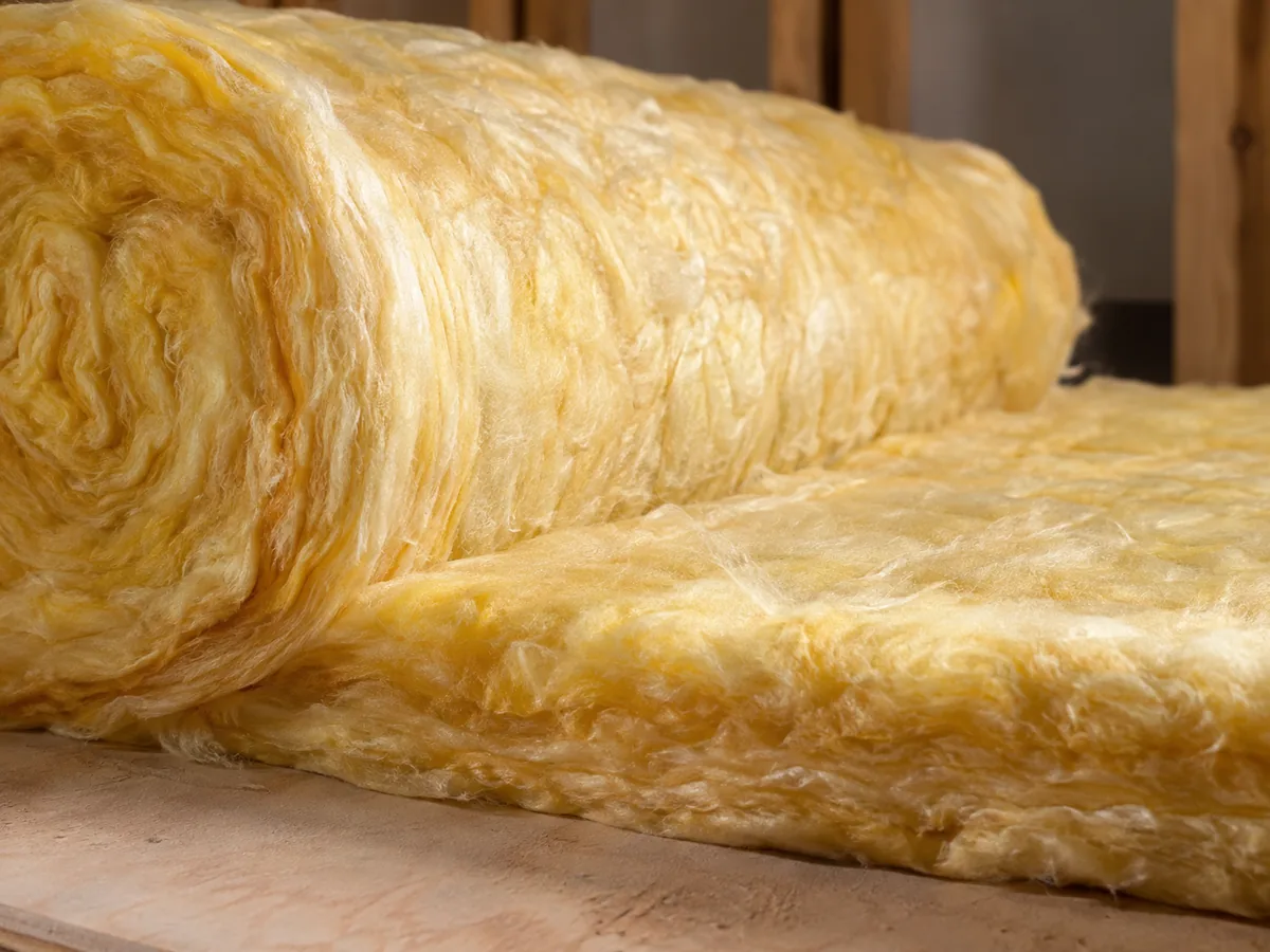 A close view of the yellow fibrous structure of a fibreglass batt.