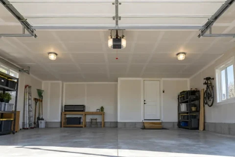 A finished attached garage ceiling with lighting and garage door tracks beneath a room above.