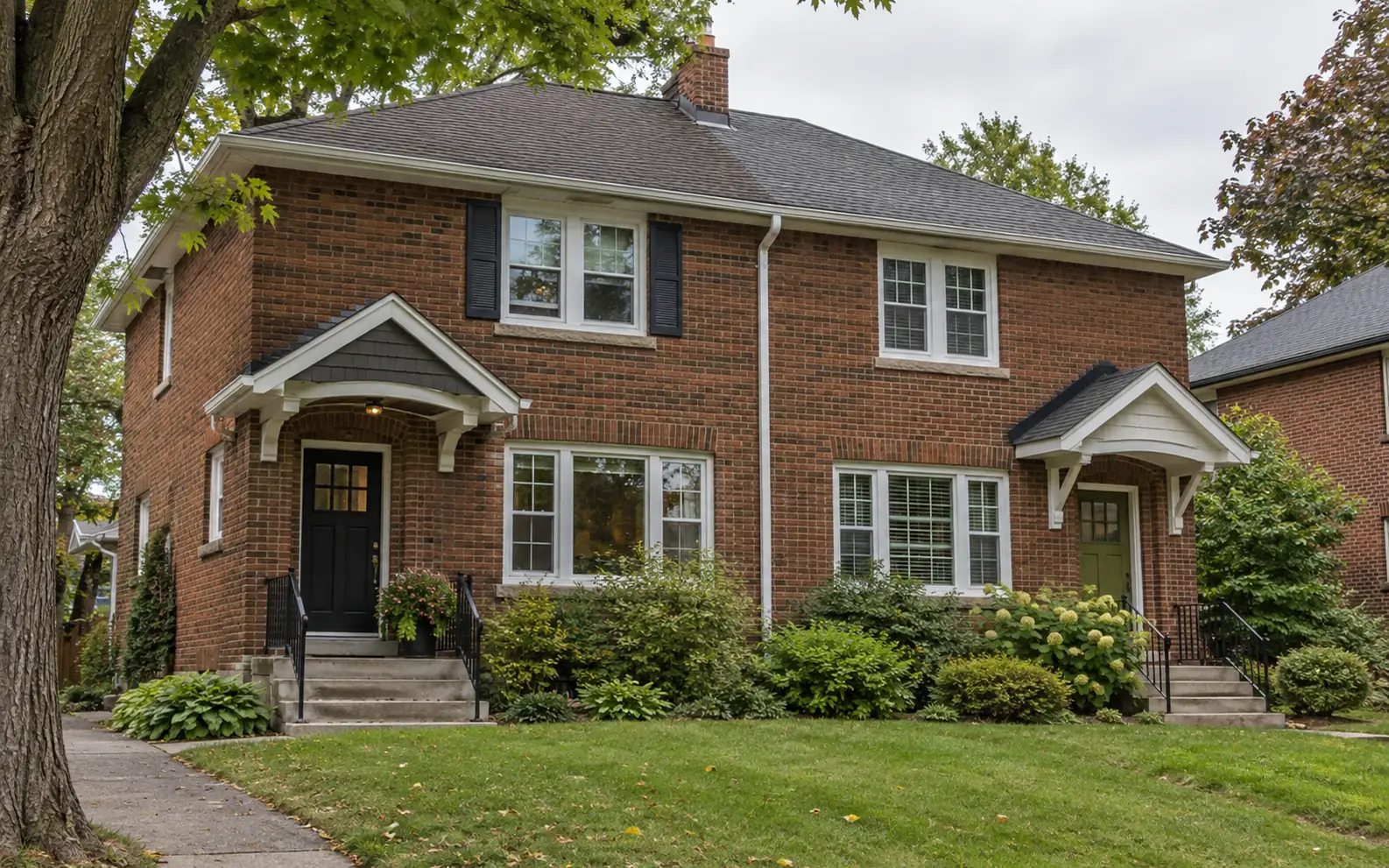 A pair of brick semi-detached homes with separate entries beneath a shared roof.