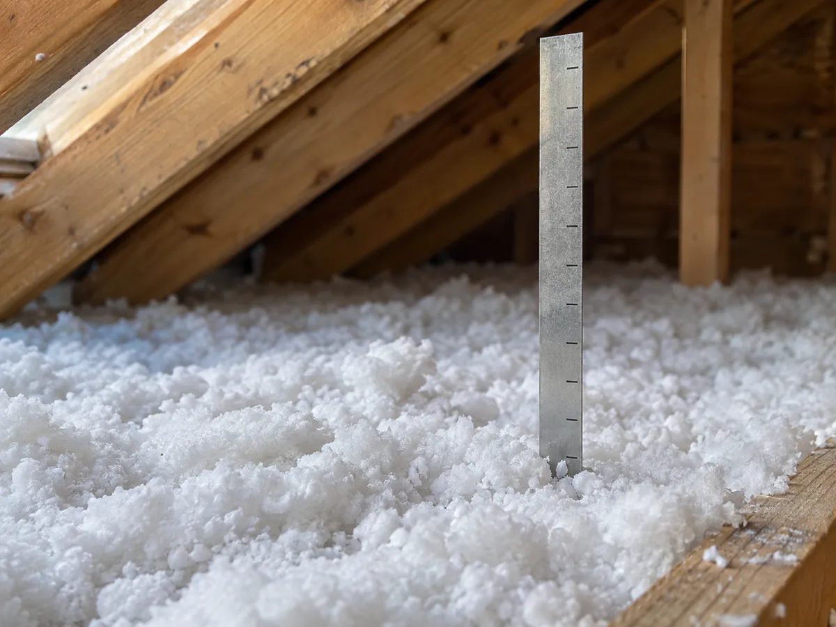 A metal depth marker standing in white loose-fill insulation on an attic floor.