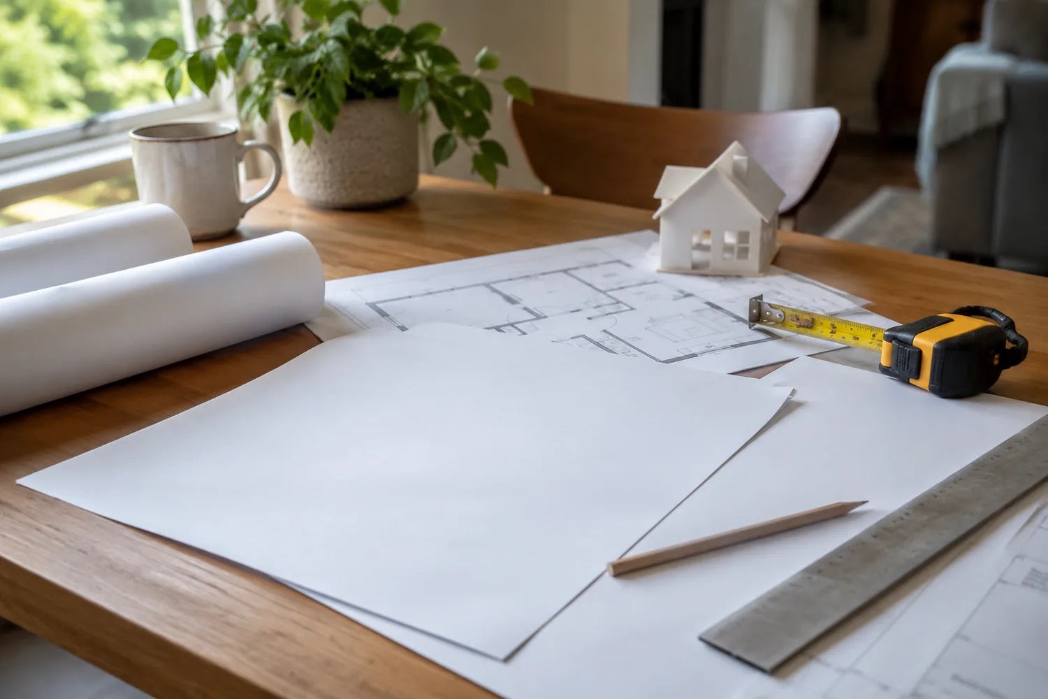 Project-planning sheets, a measuring tape and a small house model on a table.