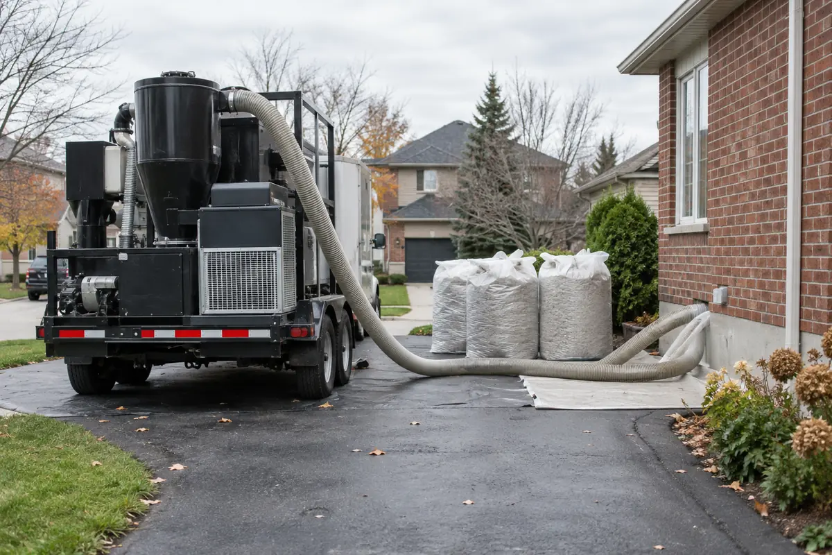 Insulation-removal vacuum equipment and sealed collection bags staged beside a brick suburban home.