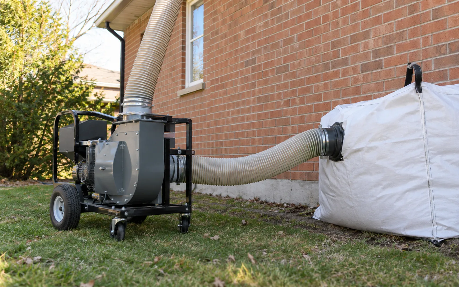 Insulation removal vacuum equipment with hoses and a collection bag beside a brick home.