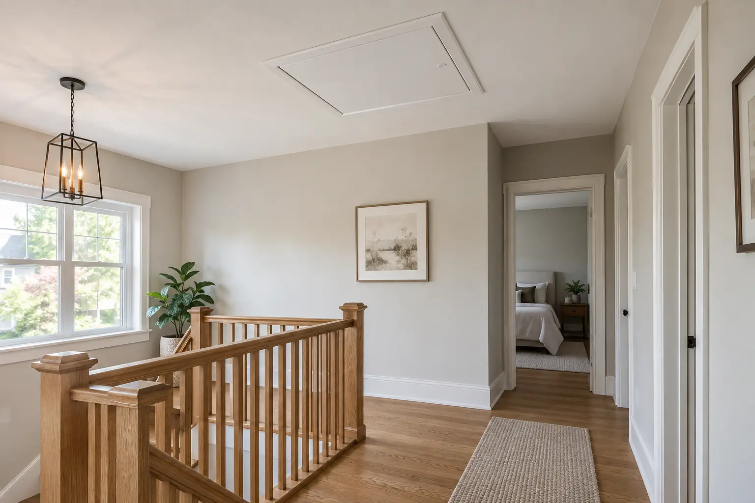 A closed attic hatch in the ceiling above an upstairs landing.