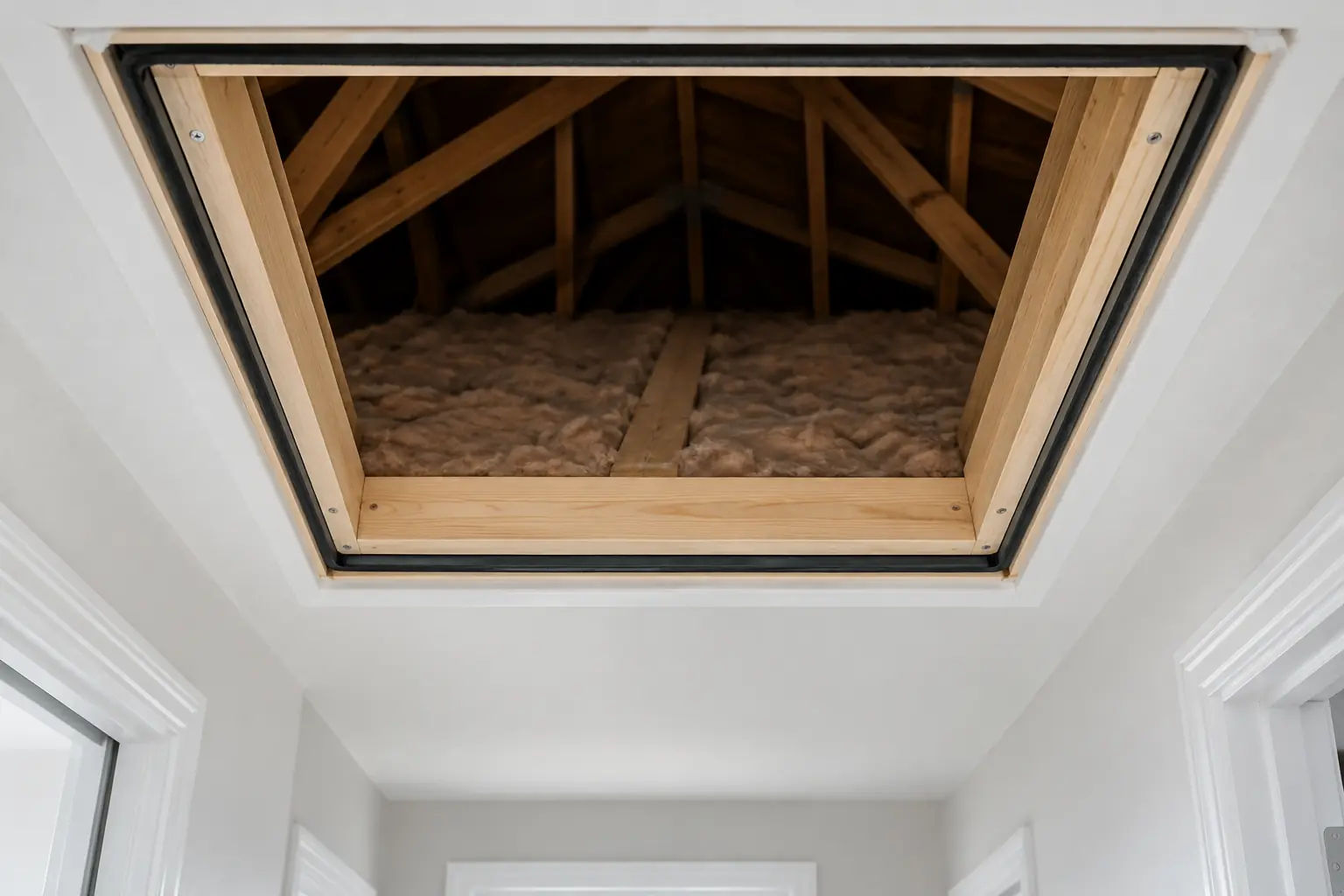 An attic access frame viewed from below with a dark gasket around its perimeter.