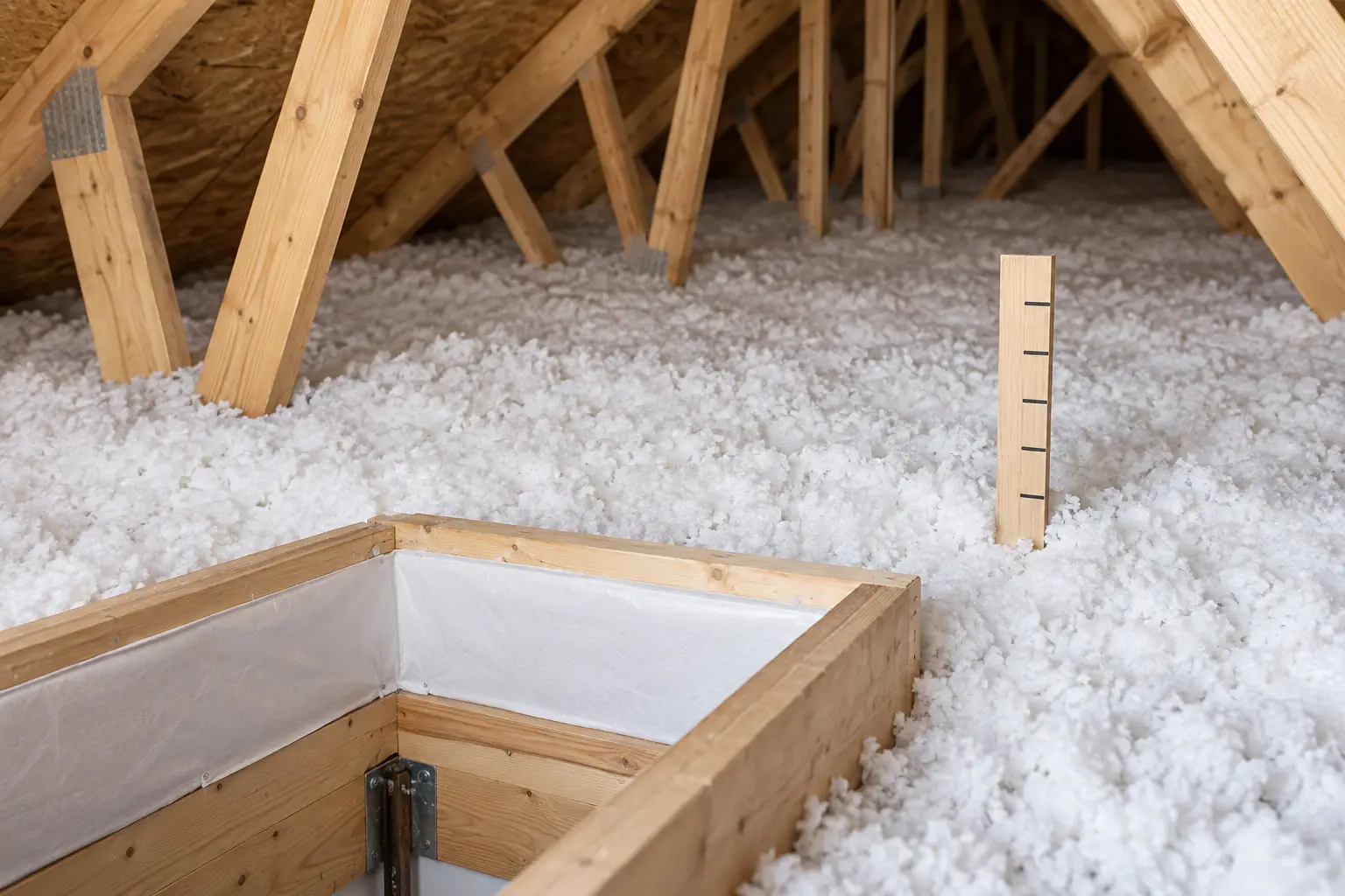 Loose-fill attic insulation around a raised access opening and a coverage marker.