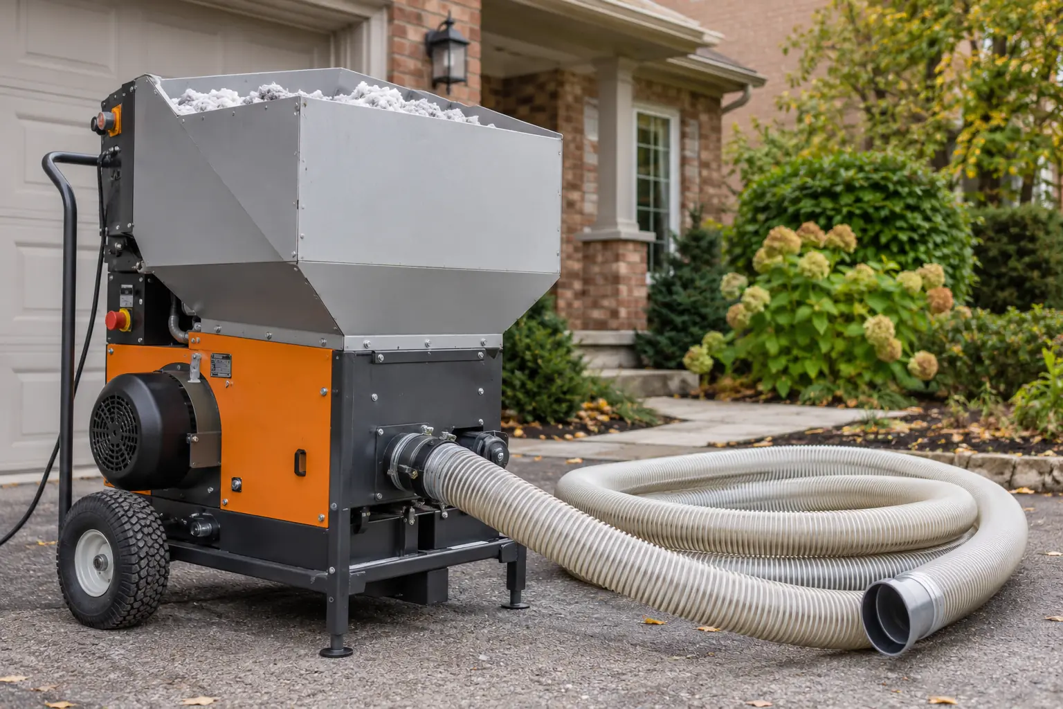 An insulation blowing machine and a coiled delivery hose on a residential driveway.