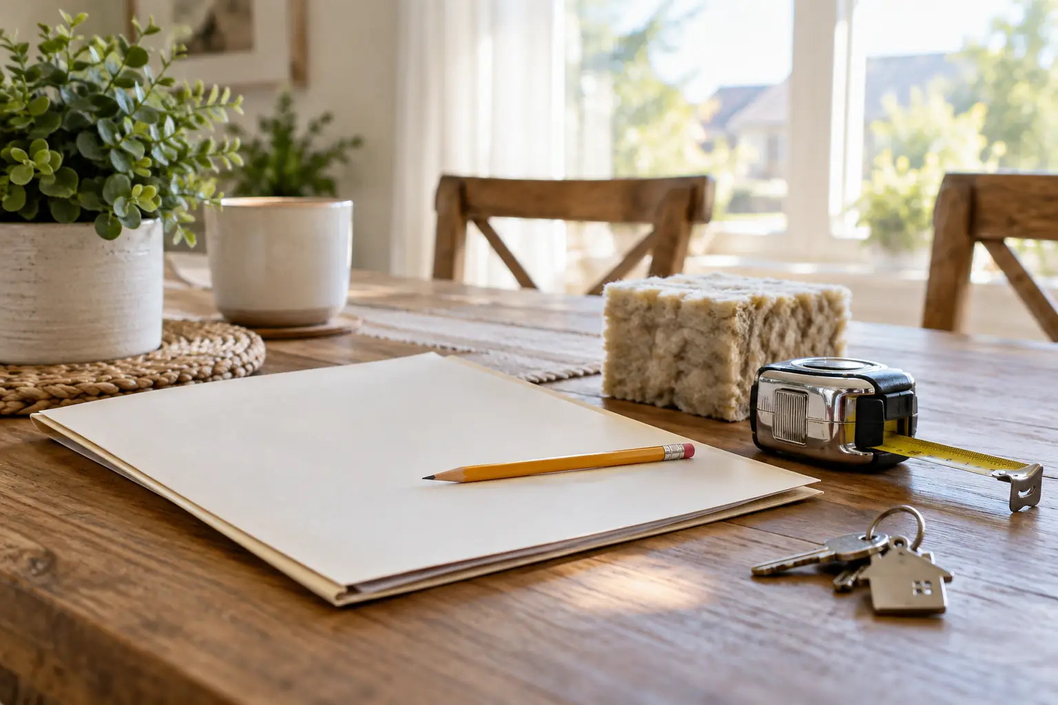 A project folder, measuring tape, pencil and insulation sample on a dining table.