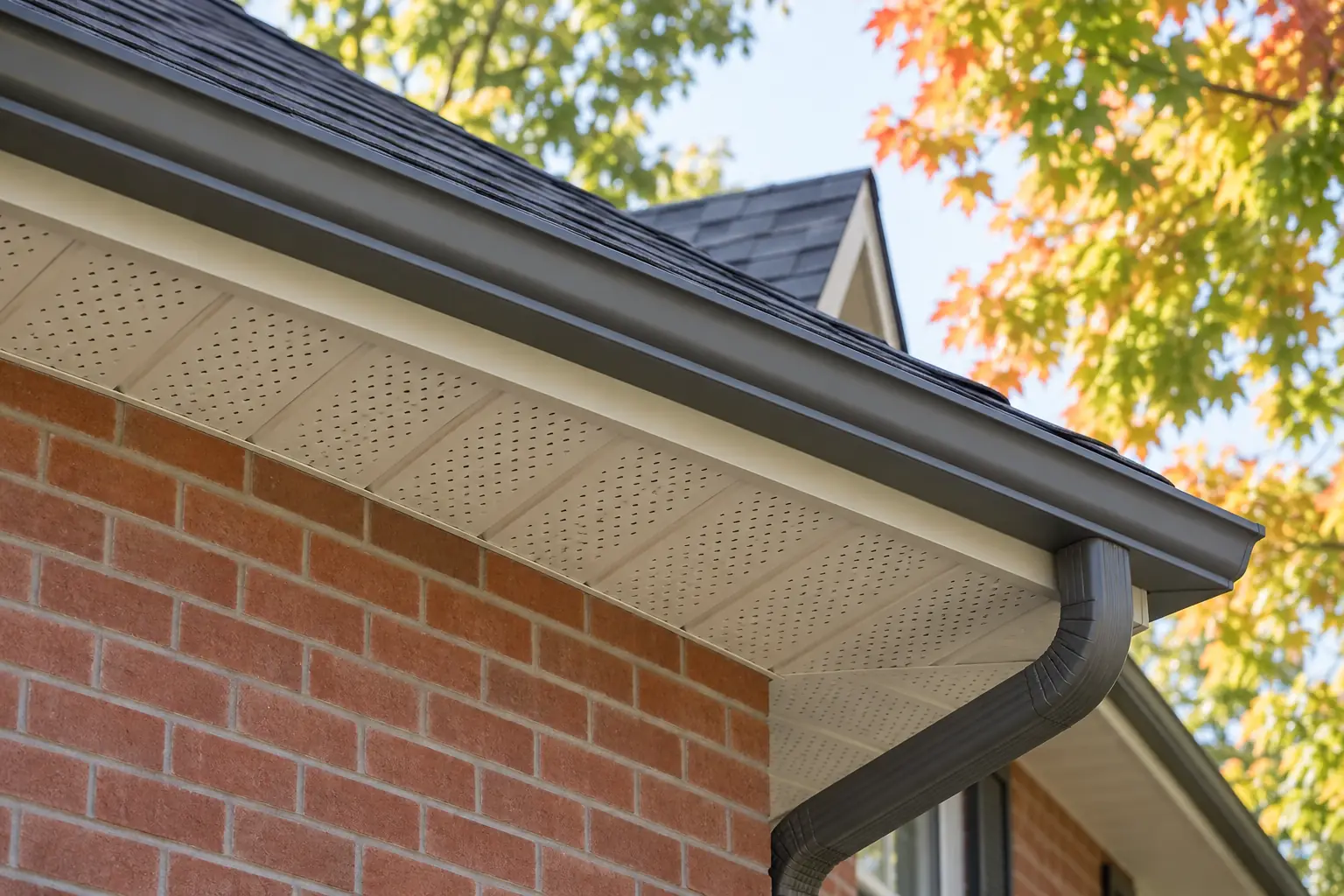Perforated soffit panels beneath the eaves of a brick house.