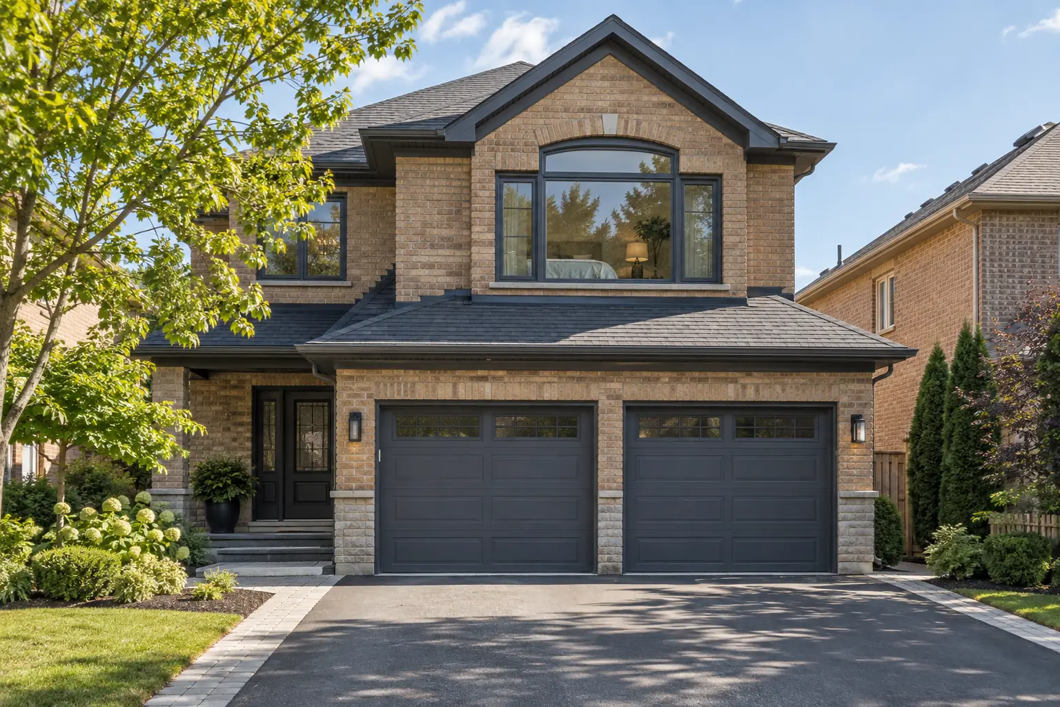 A two-storey brick house with an upstairs room directly above a double garage.