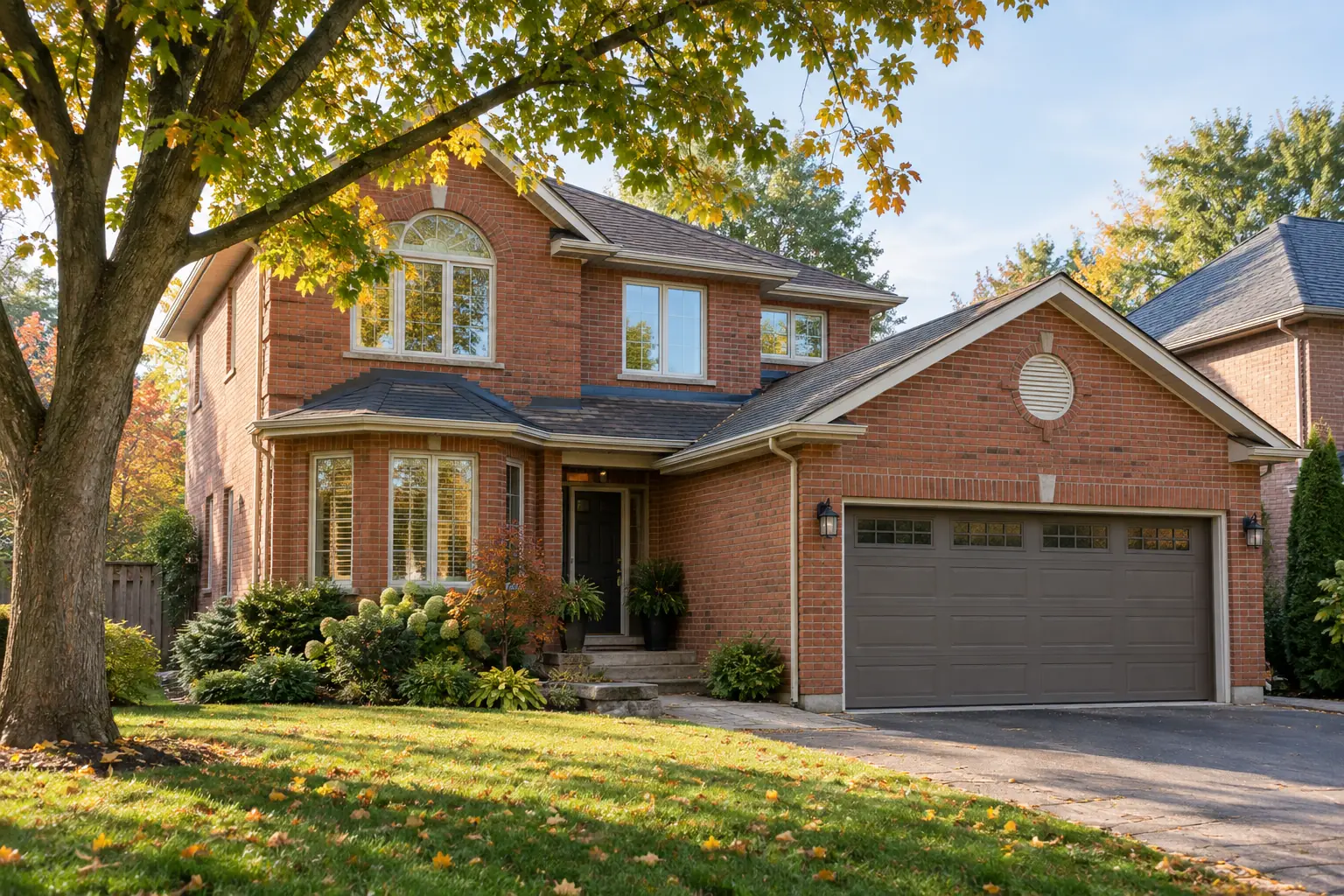 A brick house with an attached garage and several connected roof sections beneath a mature tree.