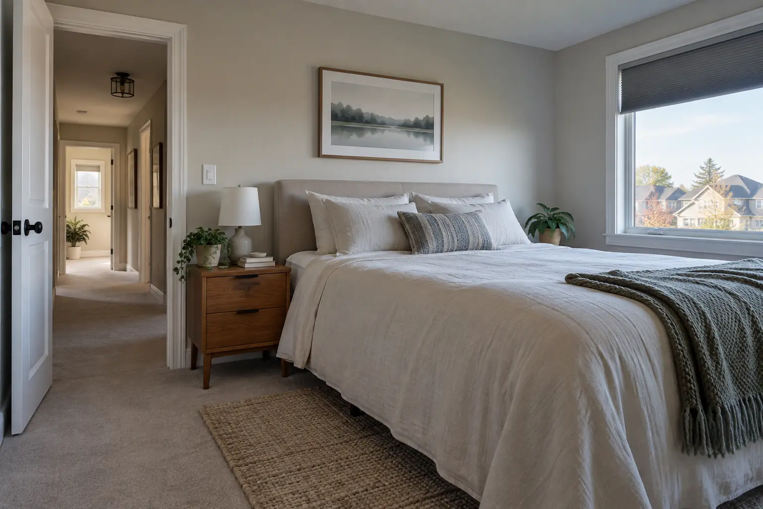 An upstairs bedroom with a shaded window and a doorway opening onto a hall.