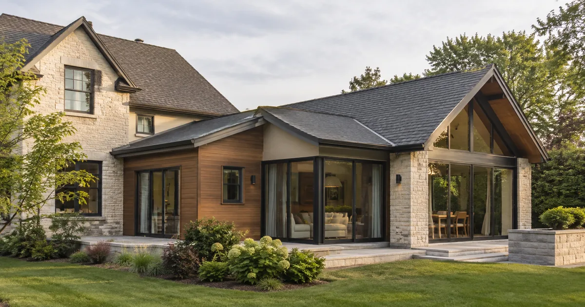 A house and addition with several intersecting roof planes.