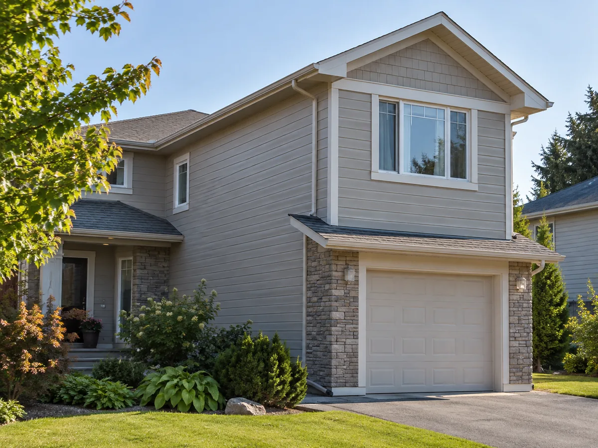 An upper room positioned directly above an attached single-car garage.