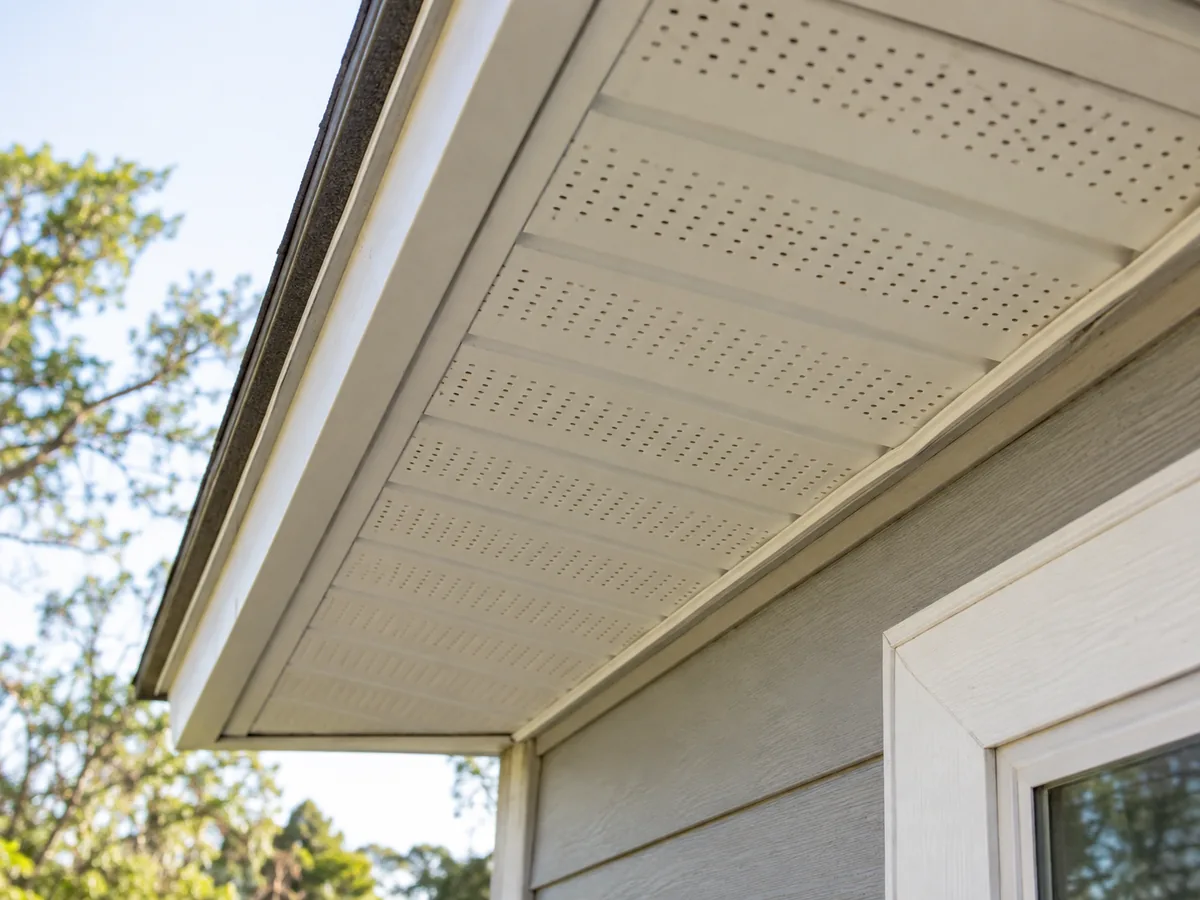 Perforated soffit panels beneath a roof overhang.