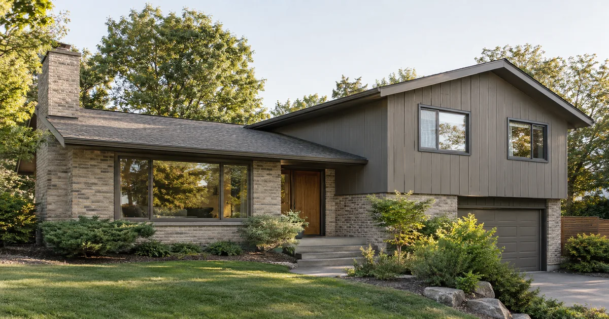 A split-level house with stepped roof sections and an attached garage.