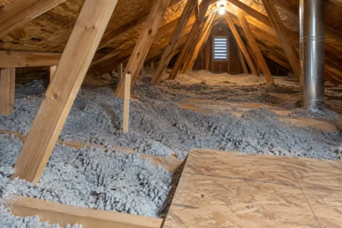 Uneven existing loose-fill insulation exposing parts of timber ceiling joists before a top-up.