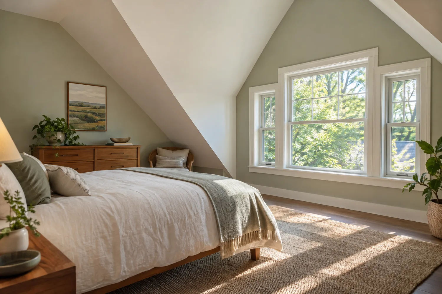 An upstairs bedroom with a sloped ceiling and daylight through its windows.