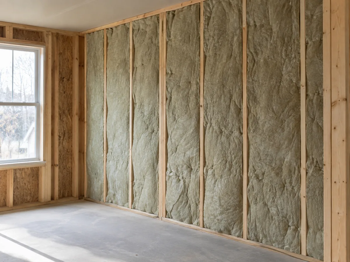 Fitted insulation between studs in an open exterior wall beside a window.